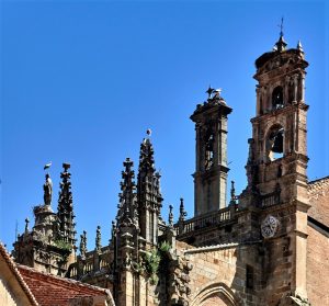 Spain, Extremadura, Caceres Province, Plasencia City ; The belfry of the cathedral and the storks in nests