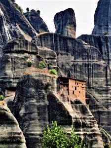 Europe; Greece; Thessaly province ; Trikala distrct; the Meteora is one of the largest and most important complexes of Eastern Orthodox monasteries in Greece. Agios Nikolaos is One of 24 such monasteries built by priests and nuns in the area between the 9th and 14th centuries as a protection against Turkish pirates of the day, access was difficult and was available only by ropes or nets.UNESCO World Heritage site.