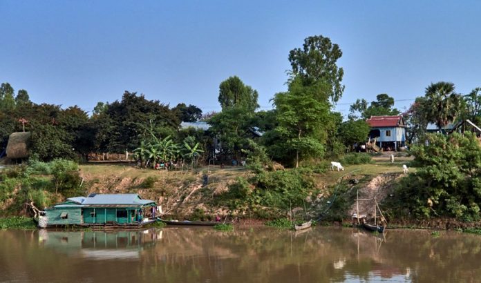 Tonle Sap River, Cambodia. Waterfront Kampong hang village area